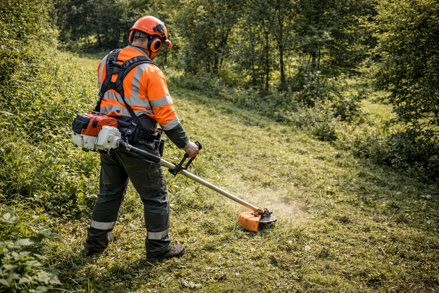 Un homme en tenue de sécurité orange utilise une débroussailleuse sur une colline herbeuse.