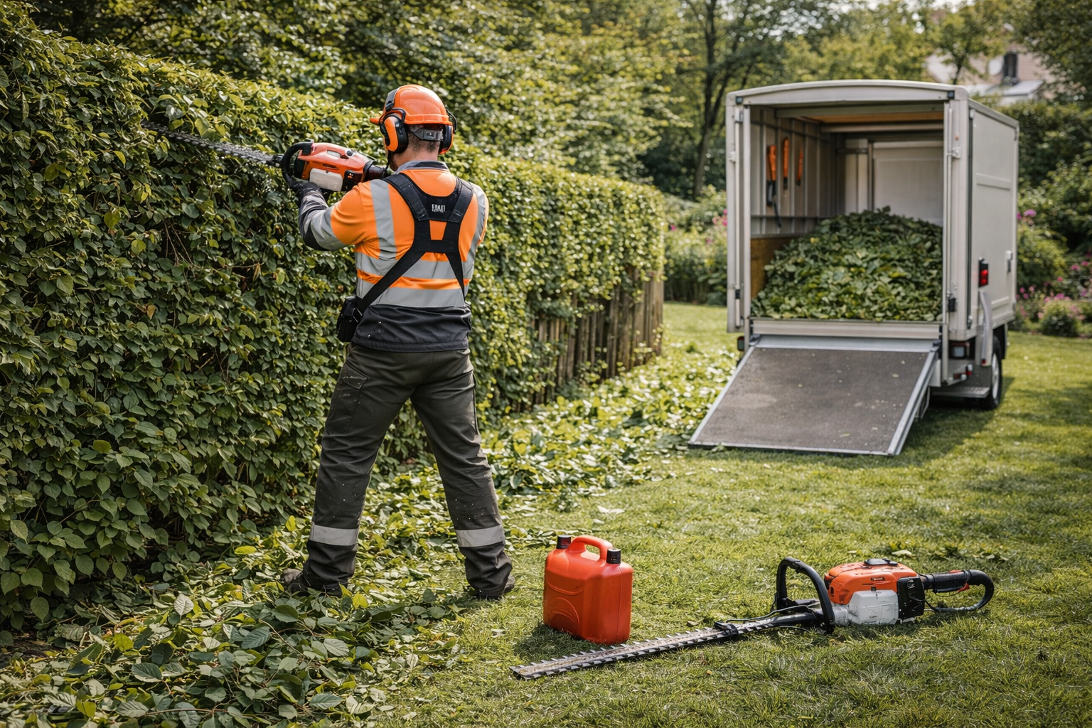Un homme taille une haie verte, les déchets sont jetés dans une remorque. On aperçoit son équipement de sécurité.