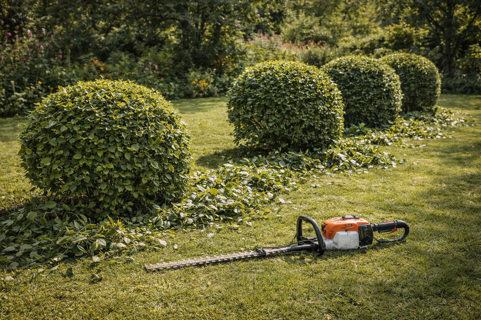 Quatre arbustes sphériques taillés dans un jardin, avec un taille-haie posé au sol à proximité.
