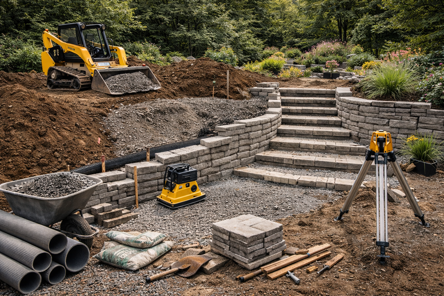 Chantier de construction avec mur de soutènement, escalier et petite excavatrice.