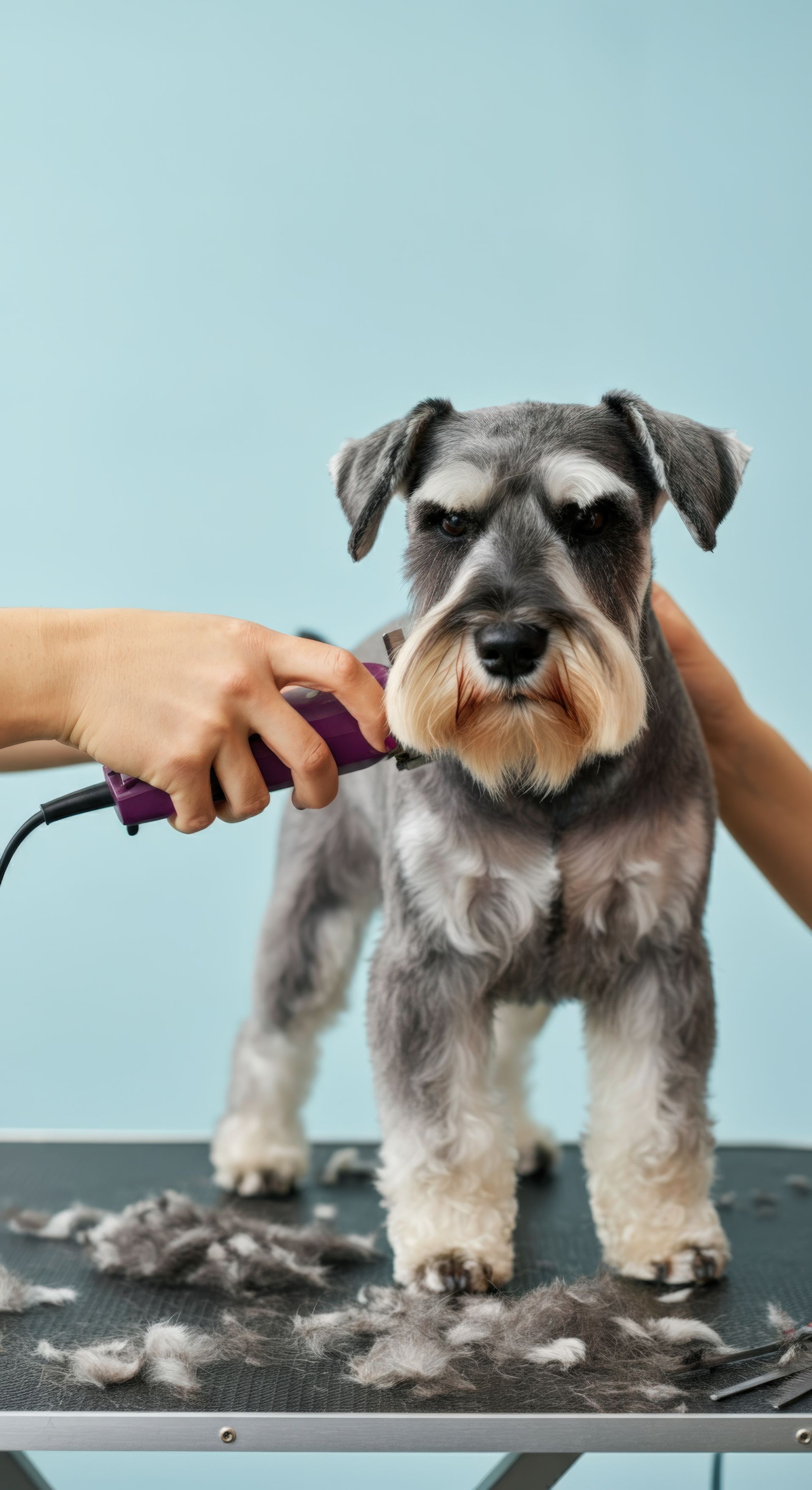 Un toiletteur professionnel utilise une tondeuse électrique pour tailler le pelage d'un petit Schnauzer gris et blanc sur une table de toilettage.