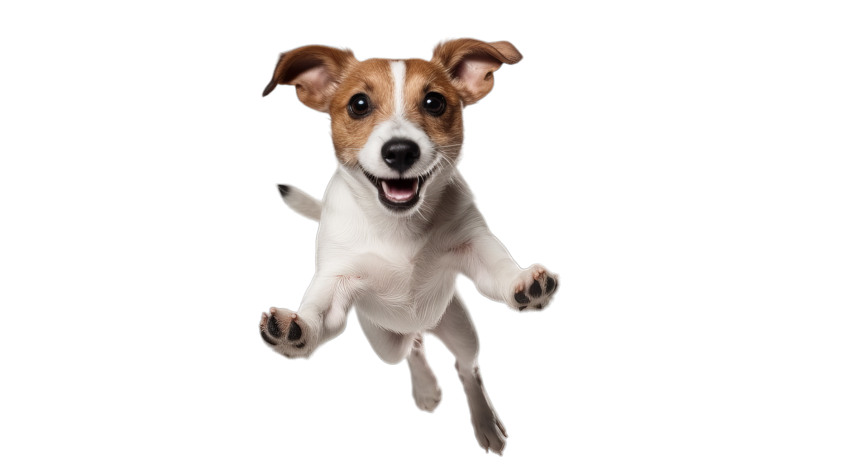 Un jack russell terrier marron et blanc bondissant en l'air avec une expression ouverte et joyeuse.