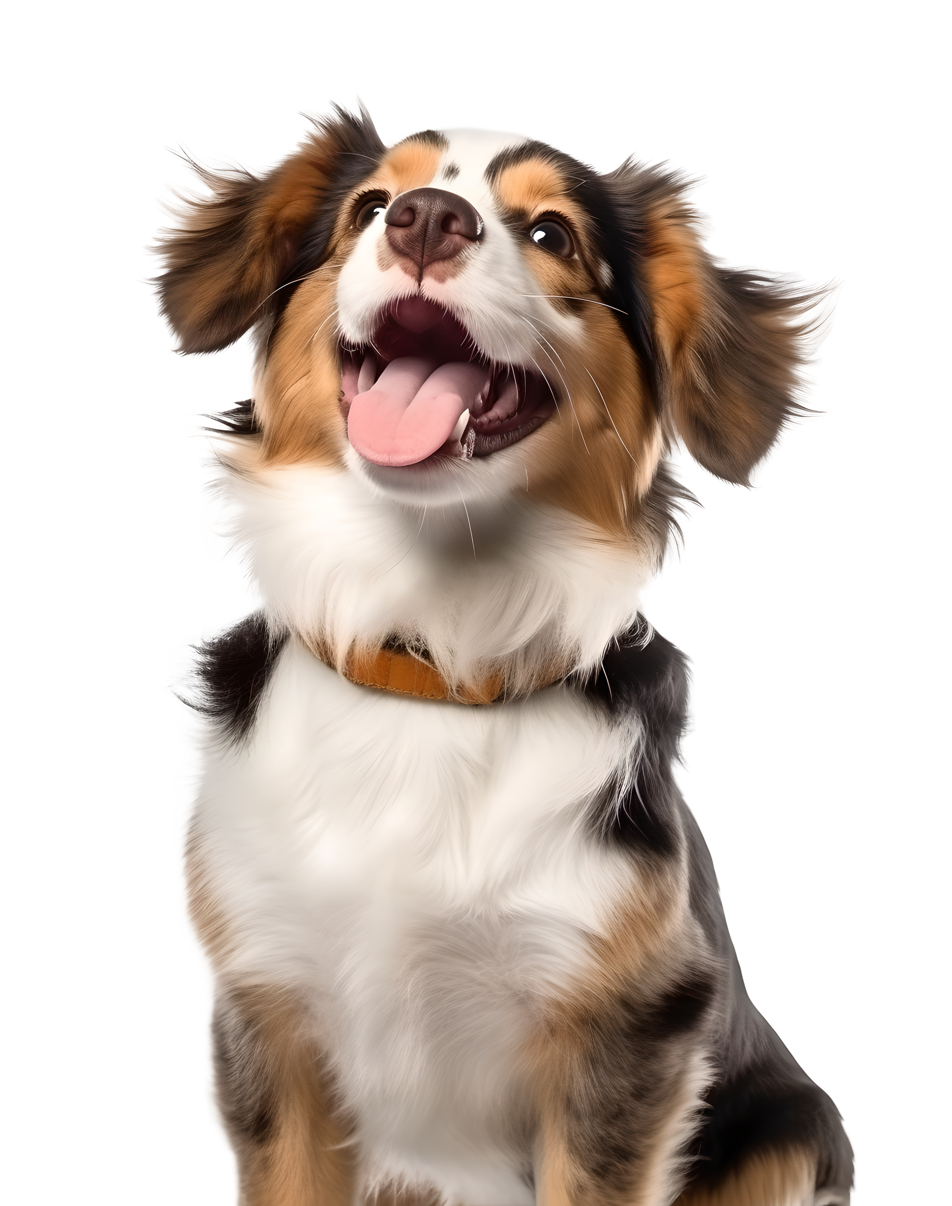 Un joyeux berger australien tricolore est assis, la gueule ouverte et la langue sortie.