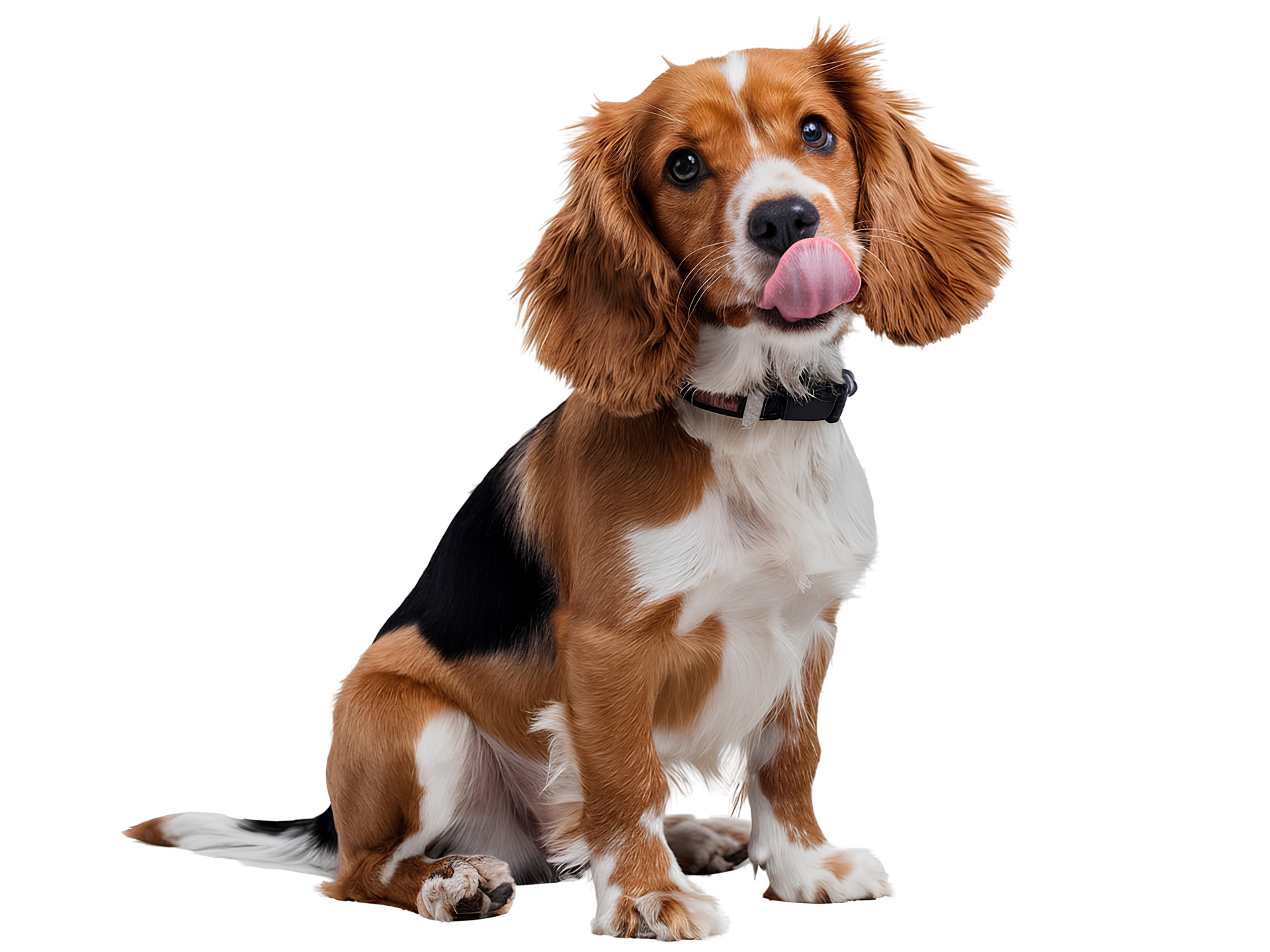 Un chien épagneul tricolore est assis, la langue sortie.