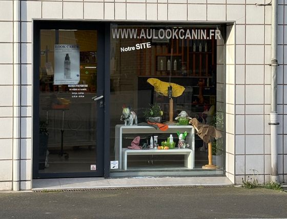 Façade du magasin Au Look Canin, un salon de toilettage pour chiens, avec des étagères d'exposition visibles à travers la porte et la vitrine.