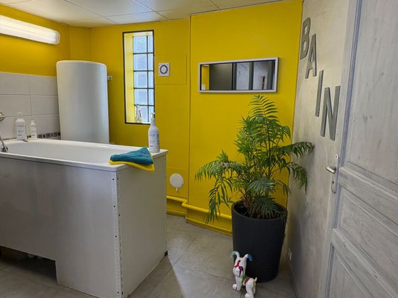 Une salle de bains jaune avec une baignoire blanche, une grande plante en pot, un miroir au mur.