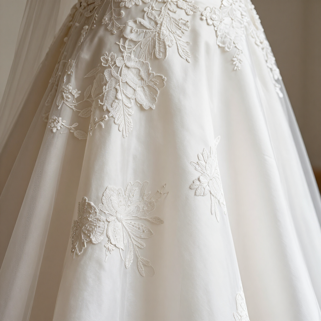 Falda de vestido de novia blanca con bordados de encaje floral