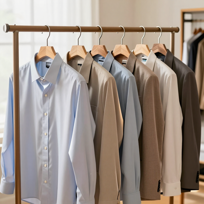 Camisas de botones en azul claro, beige y gris, ordenadas en perchas sobre un perchero de madera en una tienda de ropa