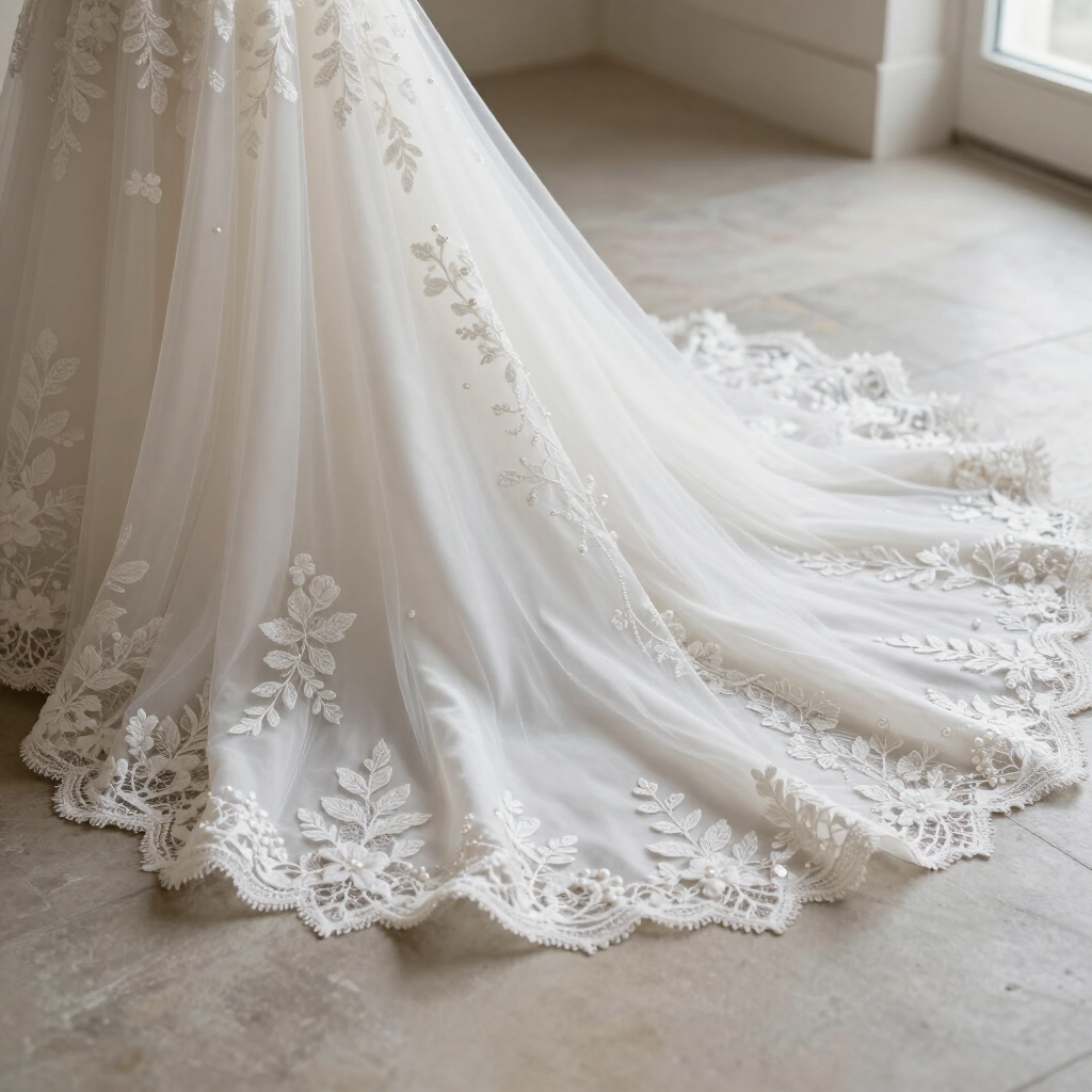 La cola de un vestido de novia de encaje blanco extendida sobre un suelo de piedra clara