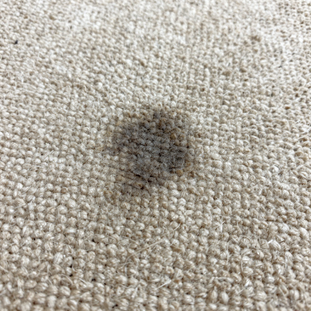 Pequeña mancha oscura en una alfombra beige con textura.