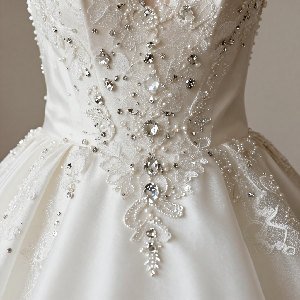 Corpiño de vestido de novia de satén blanco con bordados florales de pedrería y detalle de cintura con abalorios