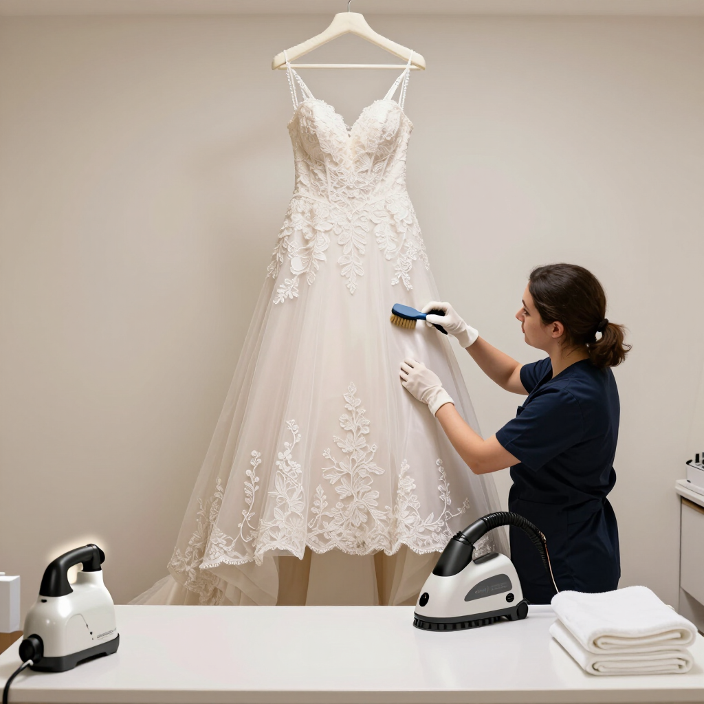 Una persona plancha con vapor un vestido de novia blanco de encaje sobre un maniquí en una tienda de vestidos de novia