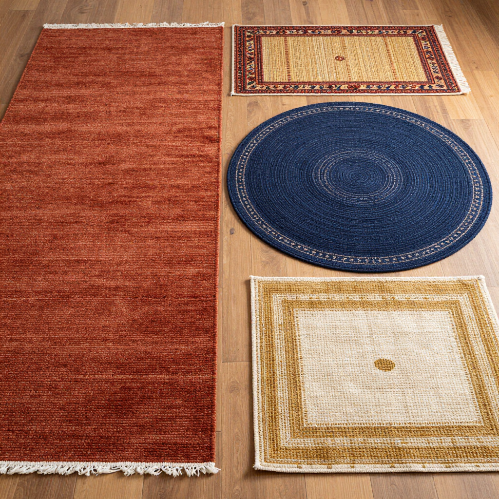 Alfombras y tapetes variados en rojo, azul y beige sobre un suelo de madera
