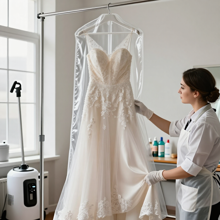 Un sastre inspecciona un vestido de novia en un maniquí en un luminoso taller de costura