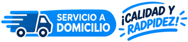 Icono de camión de reparto azul con el texto en español «Servicio a domicilio» y «Calidad y rapidez»
