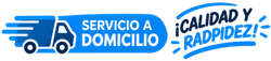 Icono de camión de reparto azul con el texto en español «Servicio a domicilio» y «Calidad y rapidez»