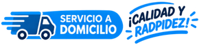 Icono de camión de reparto azul con el texto en español «Servicio a domicilio» y «Calidad y rapidez»