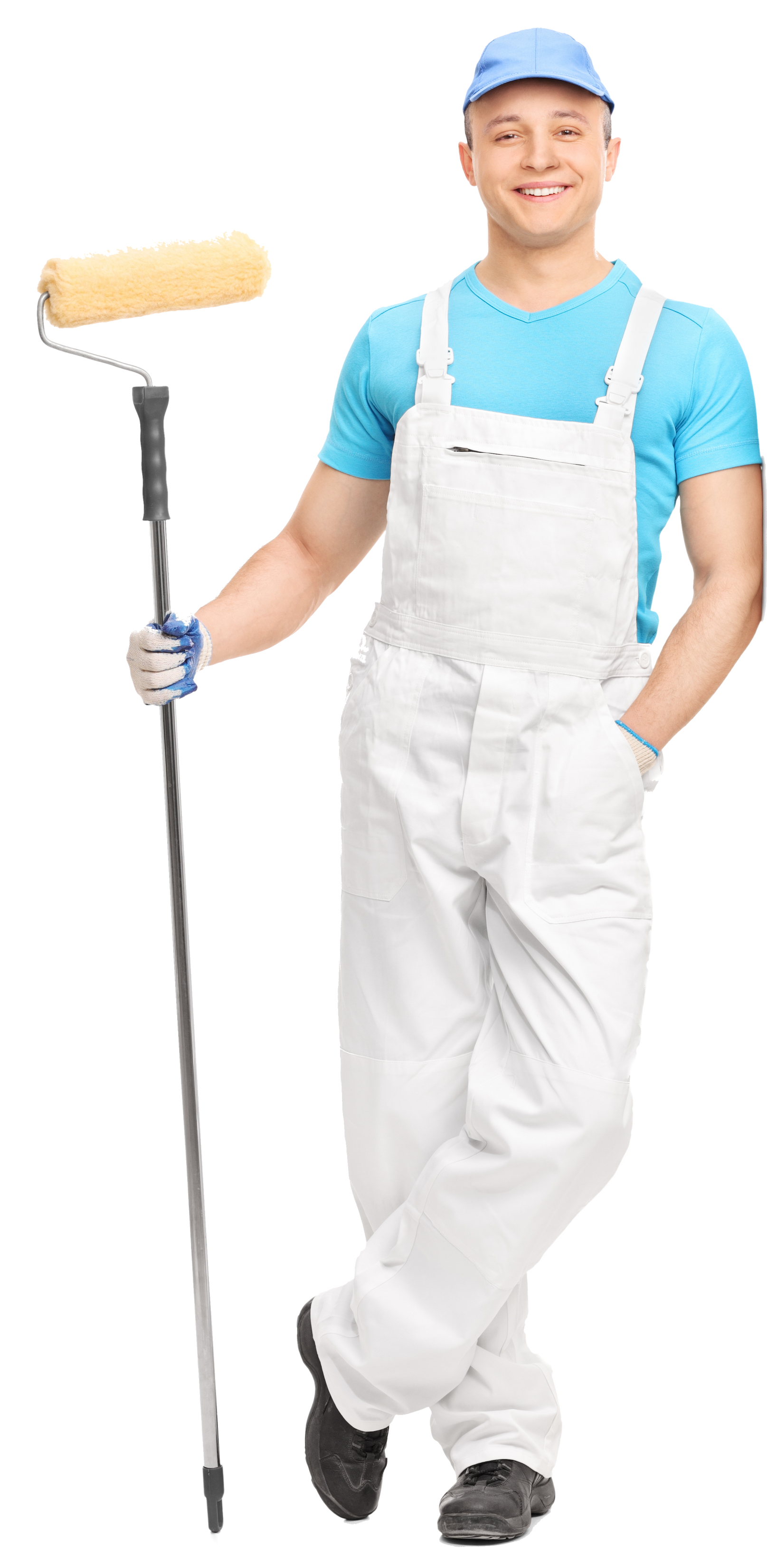 Ein Maler, welcher mit einem Farbeimer und einer Farbrolle eine Wand streicht