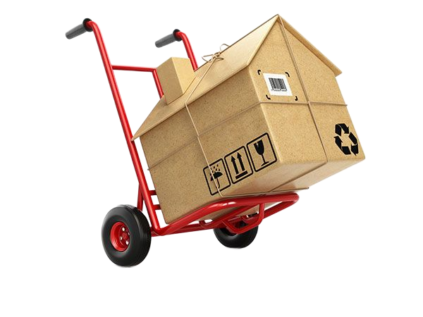 Carton en forme de maison sur un diable de déménagement.