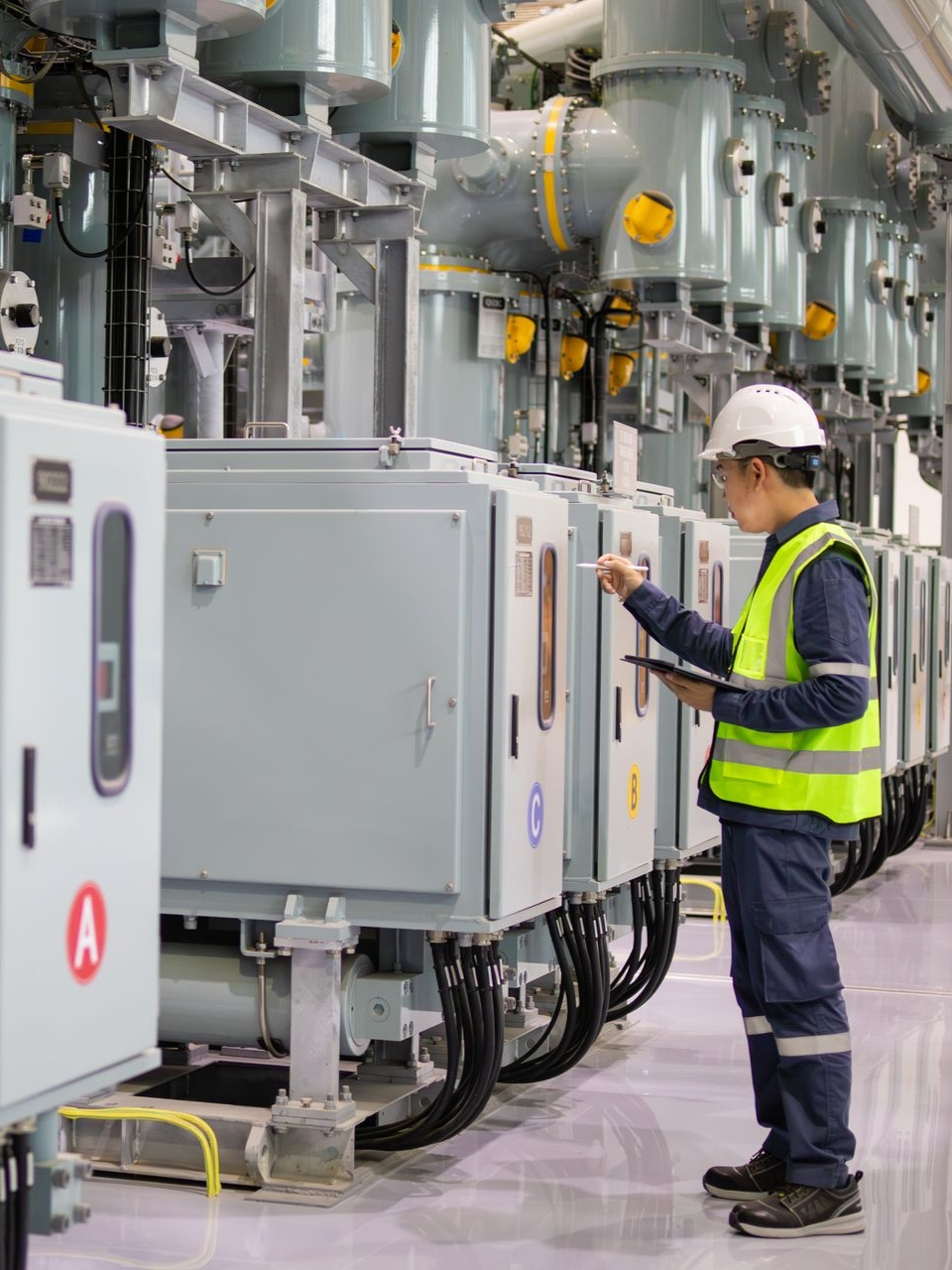 Un ingénieur portant un casque et un gilet de sécurité inspecte des équipements électriques dans une centrale électrique.