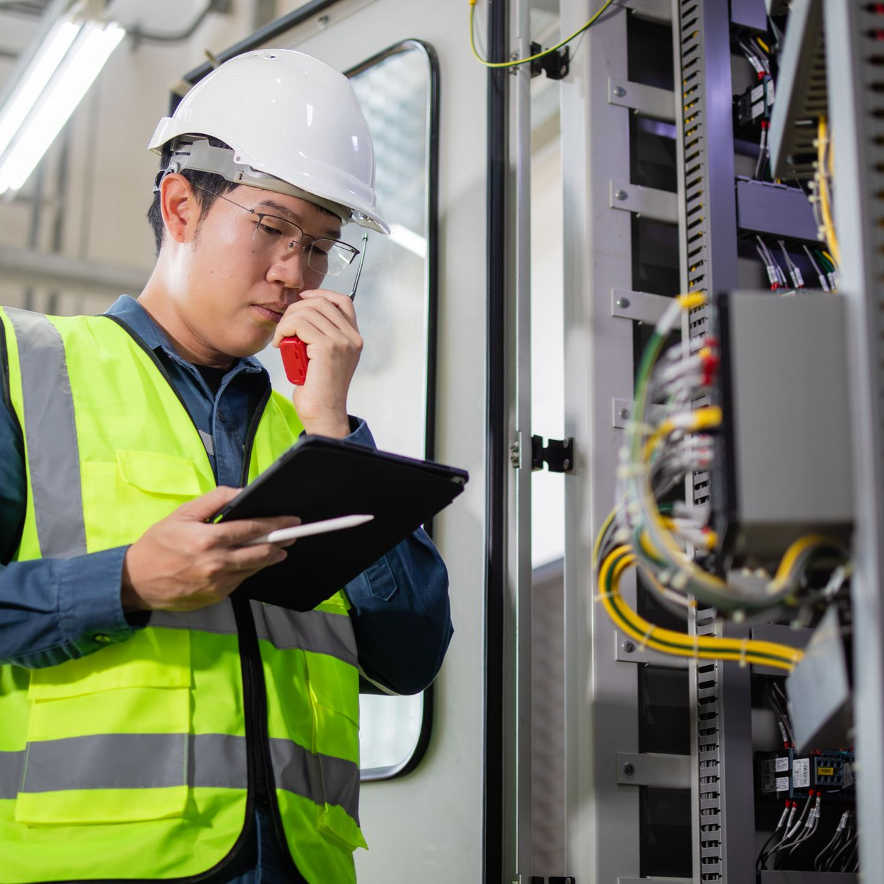 Un électricien portant un casque et un gilet de sécurité, utilise une tablette et une radio près d'un tableau électrique.