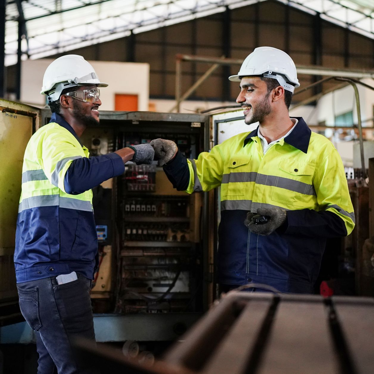 Deux ouvriers portant des gilets de sécurité et des casques de chantier se tapent dans la main dans une usine.