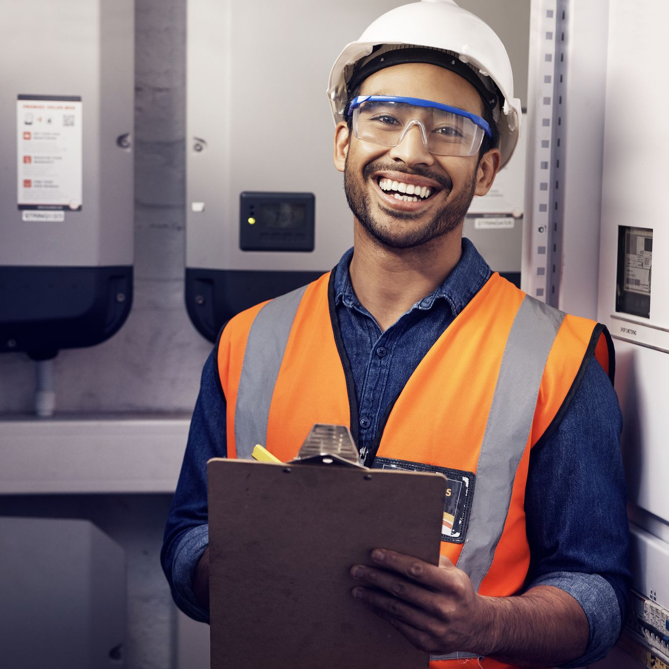 Un ouvrier souriant, portant un gilet de sécurité et un casque de chantier, tient un bloc-notes près d'un équipement électrique.