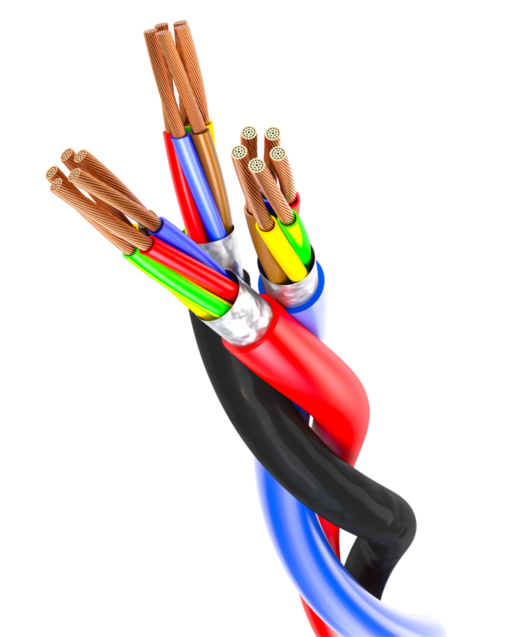 Fils électriques multicolores avec extrémités en cuivre apparentes.