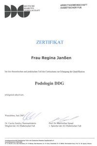 Zertifikat von Regina Janßen als Podologin
