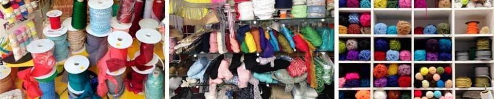 Un collage de tres fotografías de hilo en una tienda.