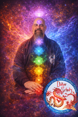 Homme en méditation avec des chakras arc-en-ciel lumineux.