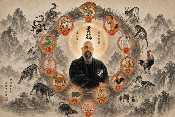 Un homme barbu en robe, auréolé, est entouré de dragons circulaires dessinés à l'encre et de calligraphie chinoise.