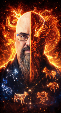 Portrait d'un homme barbu portant des lunettes, entouré de symboles du zodiaque lumineux aux tons flamboyants.