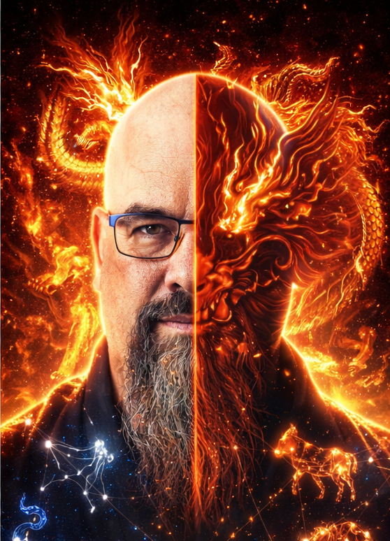 Portrait divisé d'un homme chauve à lunettes, mi-humain, mi-démon de feu, entouré de flammes.