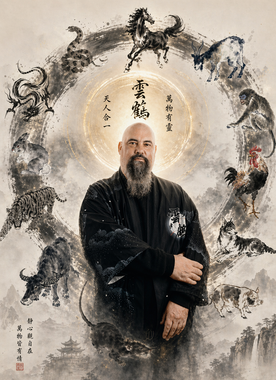 Un homme barbu en robe, auréolé, est entouré de dragons circulaires dessinés à l'encre et de calligraphie chinoise.