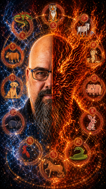 Portrait d'un homme barbu portant des lunettes, entouré de symboles du zodiaque lumineux aux tons flamboyants.