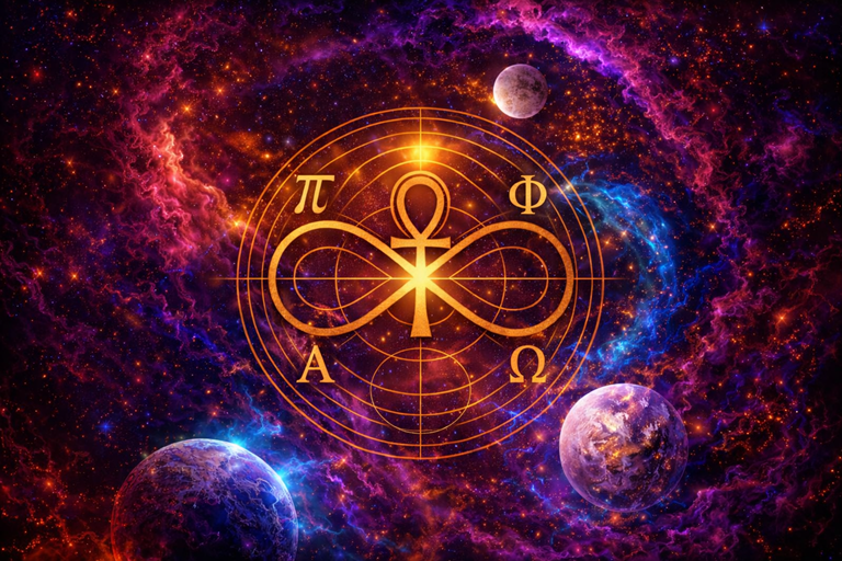 Ankh doré dans un cercle zodiacal lumineux au milieu d'une nébuleuse cosmique avec des planètes et des étoiles.
