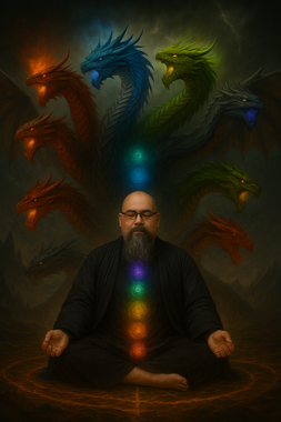 Un homme en méditation, les chakras illuminés, est entouré de silhouettes de dragons multicolores.