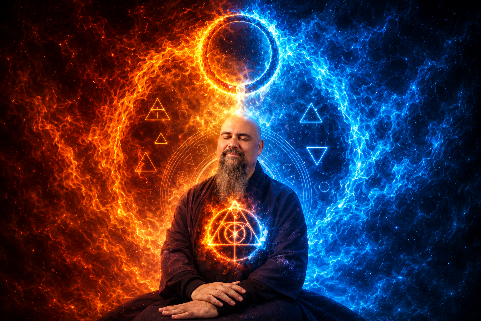 Homme en méditation avec une géométrie sacrée lumineuse et un emblème spirituel circulaire.
