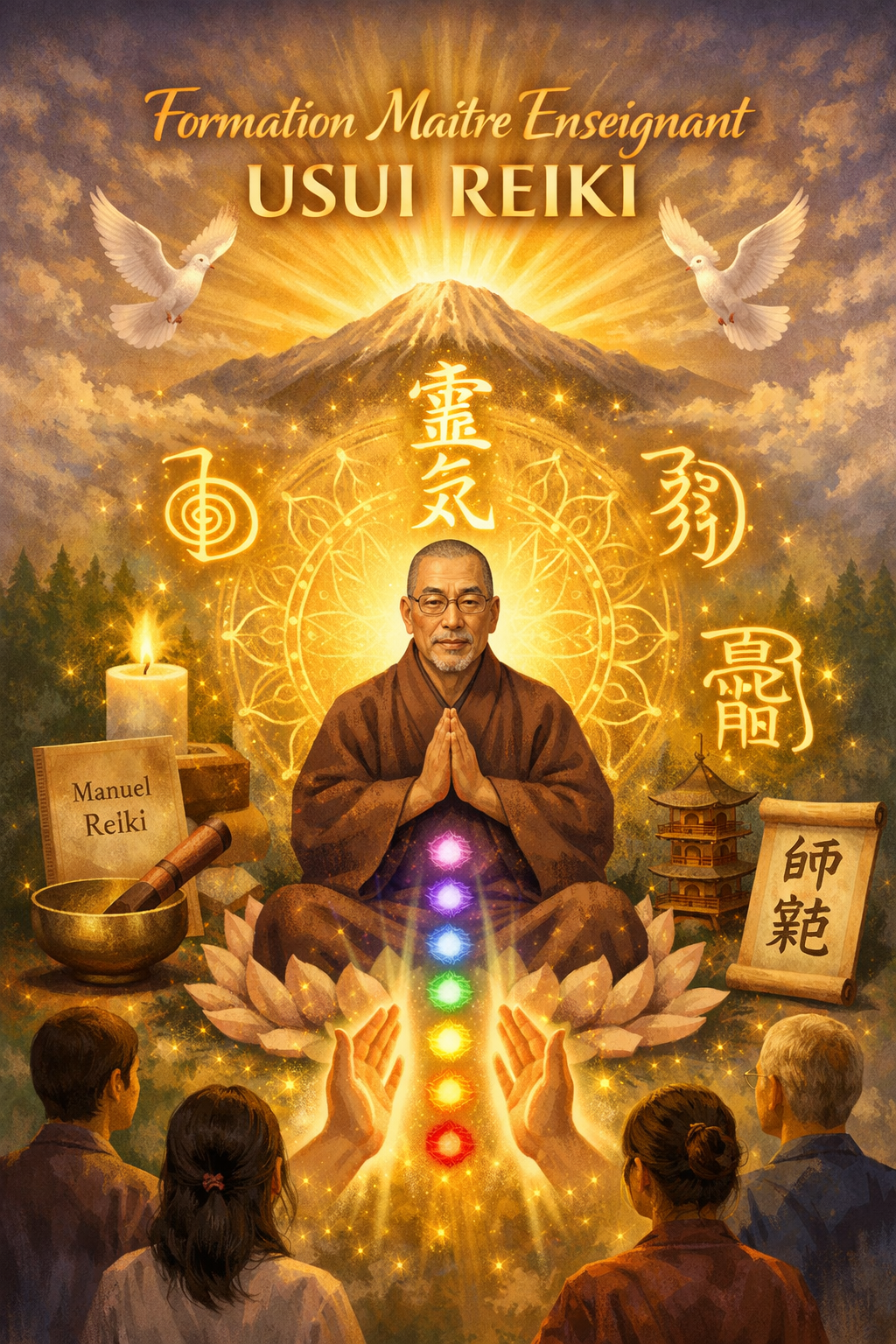 Affiche de formation au Reiki Usui représentant un moine en méditation, des chakras lumineux, des bougies et des symboles japonais.