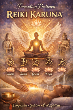 Affiche Reiki Karuna avec une figure lumineuse, des ailes angéliques, des symboles et un fond céleste chaleureux