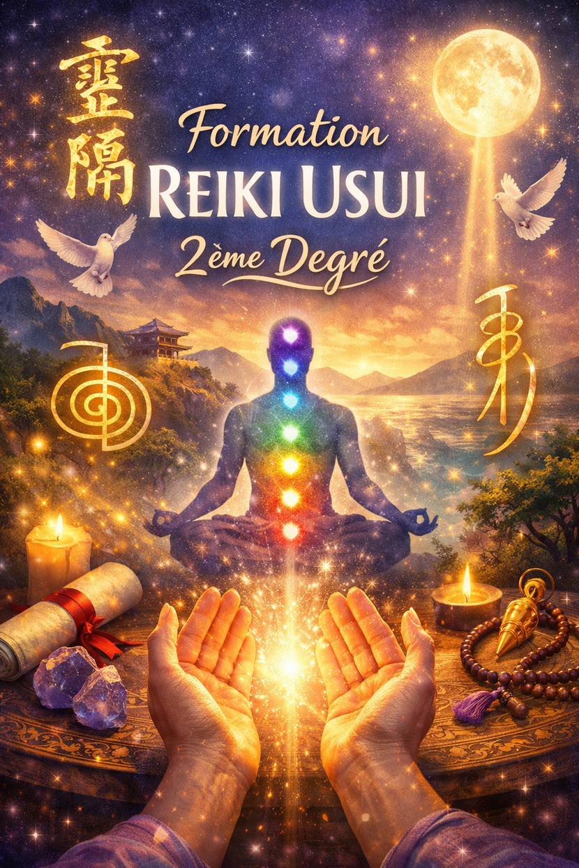 Affiche de Reiki Usui 2e degré avec une figure en méditation, des chakras illuminés, des mains, des cristaux et des étoiles.