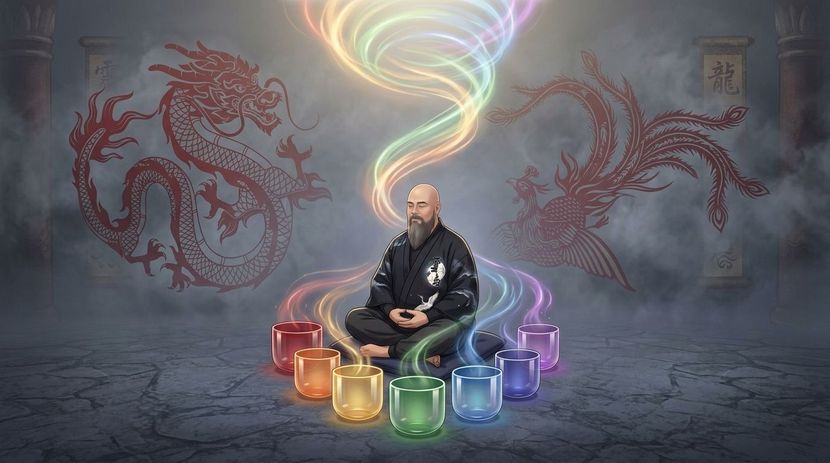Affiche de Reiki Usui 2e degré avec une figure en méditation, des chakras illuminés, des mains, des cristaux et des étoiles.