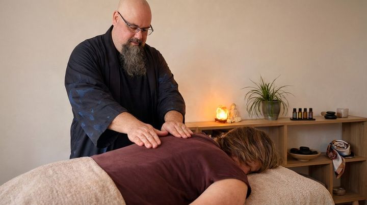 Un masseur prodigue un massage du dos dans une cabine de spa chaleureuse, avec l'inscription Massage Terre / Ciel en surimpression.