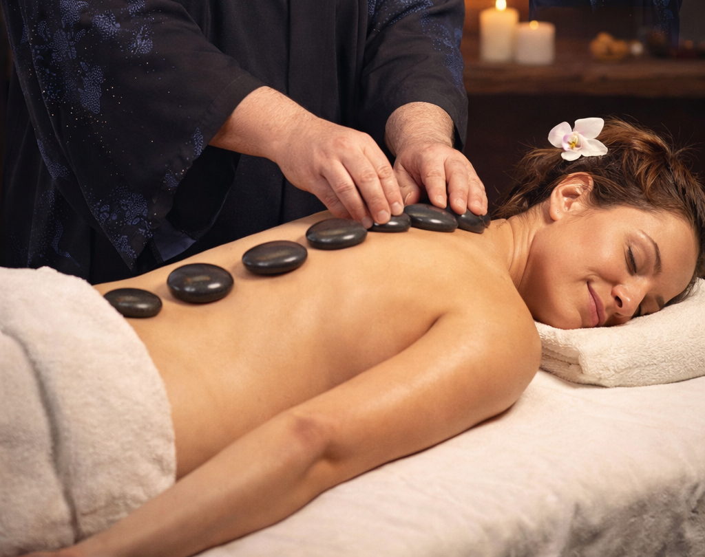 Une personne applique des pierres chaudes sur le dos nu d'une femme lors d'un massage.