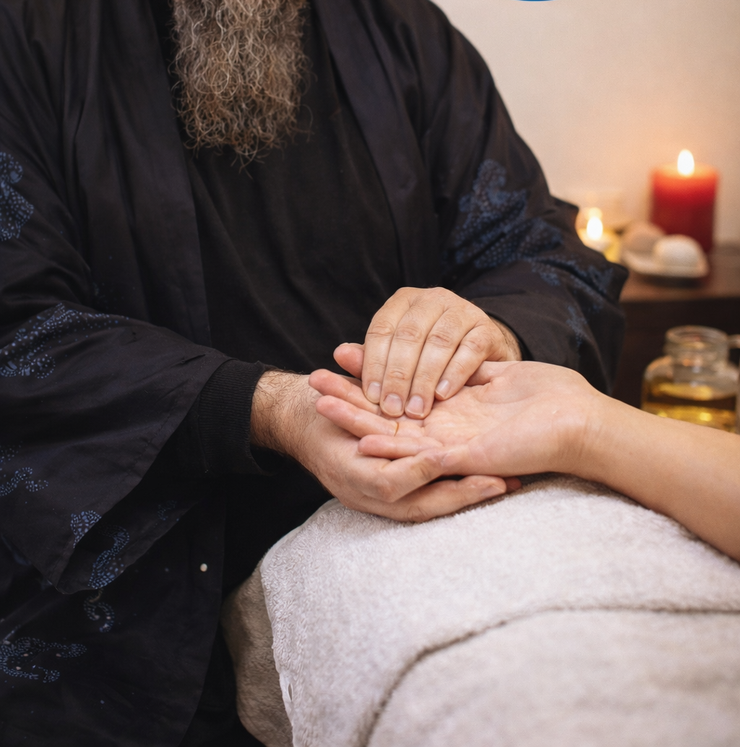 Des mains au repos pendant une séance de massage ou de soins, avec des bougies et une ambiance spa apaisante.