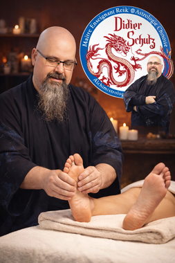 Formation de réflexologie plantaire avec pieds annotés, mains massant.