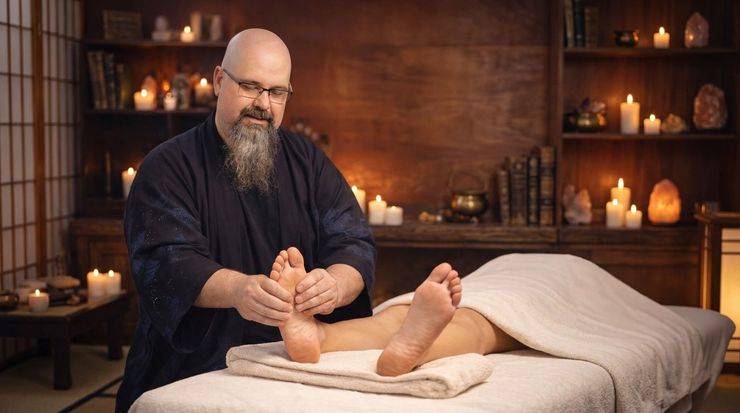 Un masseur tient les pieds d'une cliente sur une table de spa, avec des bougies en arrière-plan.