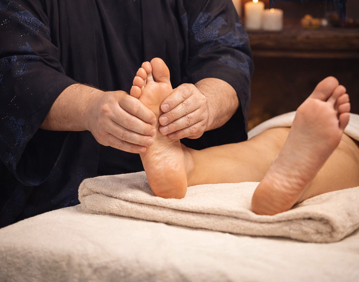 Un masseur tient les pieds d'une cliente sur une table de spa, avec des bougies en arrière-plan.