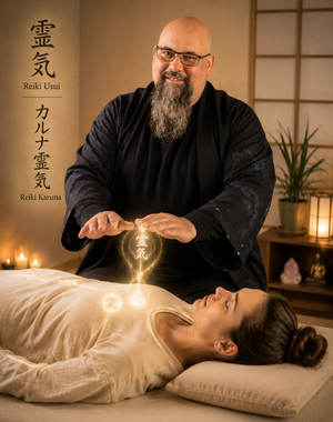 Affiche Reiki Karuna avec une figure lumineuse, des ailes angéliques, des symboles et un fond céleste chaleureux